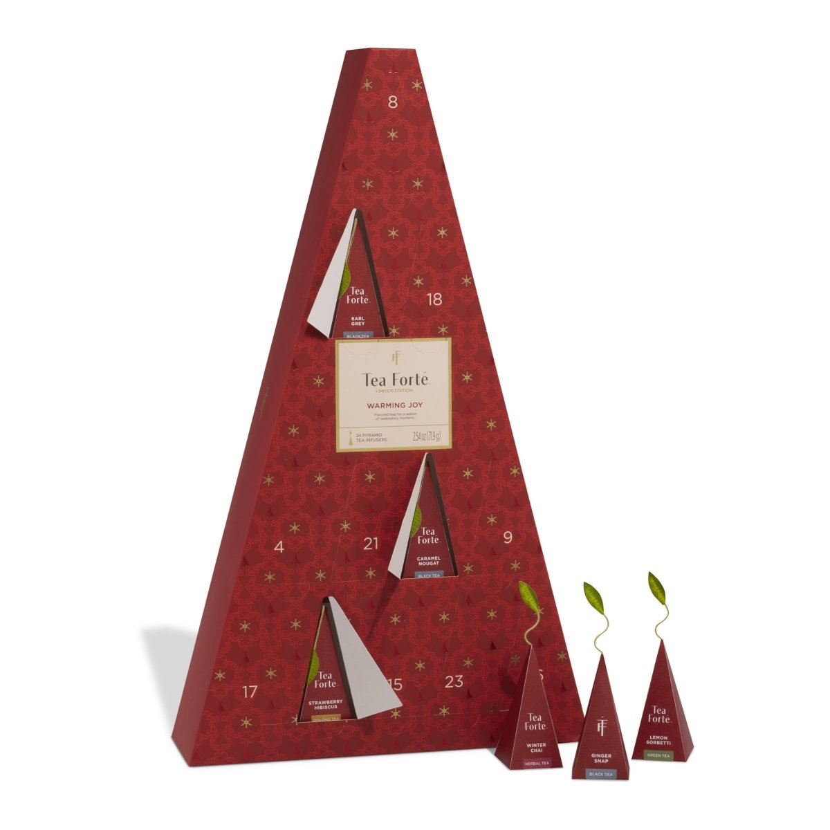 季節限定アドベントカレンダーの紅茶ハーブティーアソートギフト箱(開いた)と中のインフューザーティーバッグ