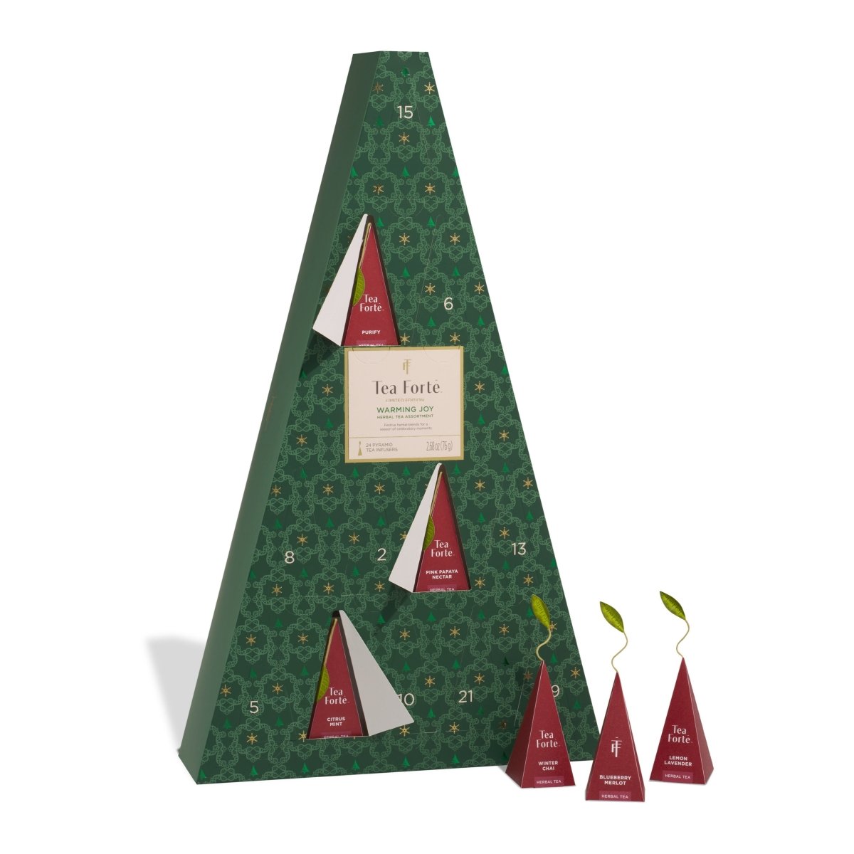 季節限定アドベントカレンダーのハーブティーアソートギフト箱(開いた)と中のインフューザーティーバッグ