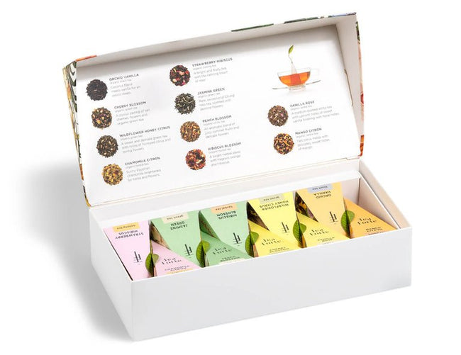 紅茶やハーブティー、ホワイトティー、緑茶のティーバッグアソート|蓋の開いたギフト