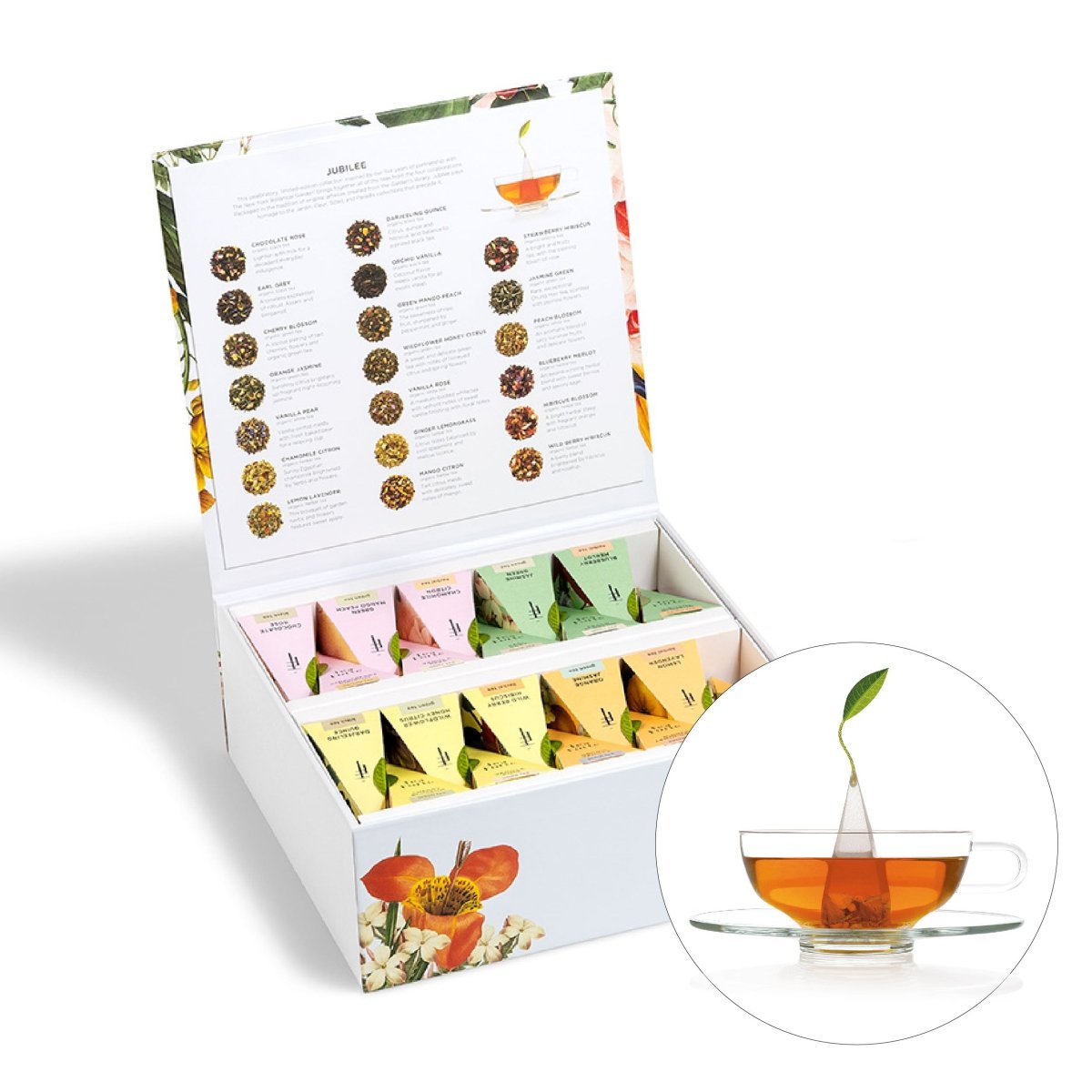 紅茶やハーブティー、ホワイトティー、緑茶のティーバッグのアソートギフト箱(ティーメニュー付き)とティーカップ