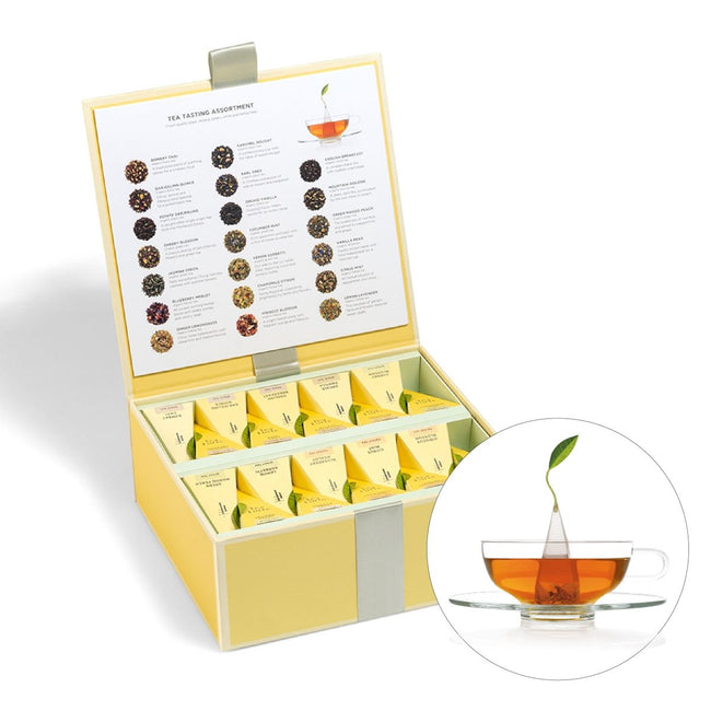 人気紅茶やハーブティー、緑茶、ホワイトティーのティーバッグアソート|蓋の開いたギフト箱とティーカップ