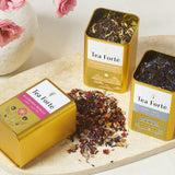 紅茶、ハーブティー、白茶のリーフティー缶の中身が見えるライフスタイルイメージ